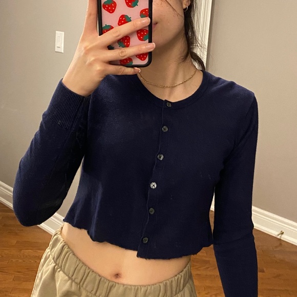 Navy button cropped cardigan - Picture 5 of 9